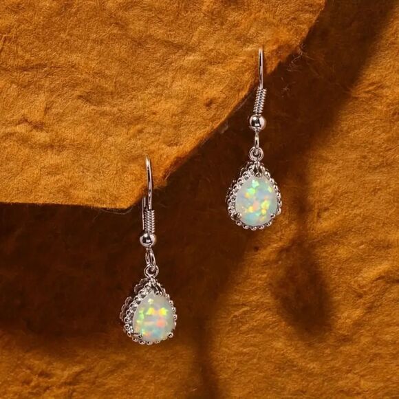 Silver Opal Teardrop Dangle Earrings Classc Crystal Drop Gemstone Pendant Charm - Picture 2 of 7